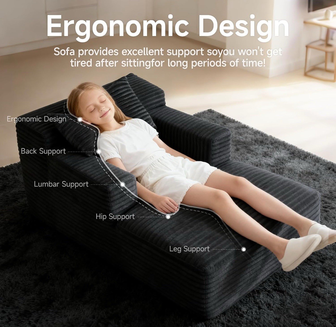 45'' Chaise Lounge Chair Indoor, Corduroy Upholstered Boneless Sofa Bed, Deep...