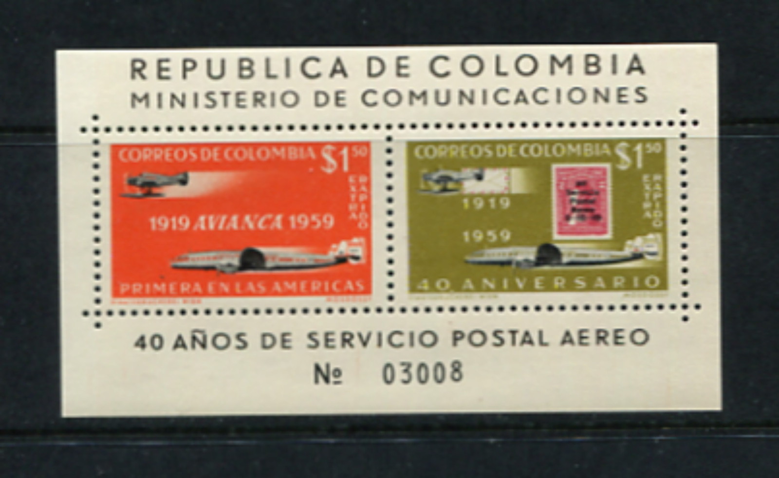 F151  Colombia  1960  aviation stamp on stamps EXTRA RAPIDO  sheet  MNH