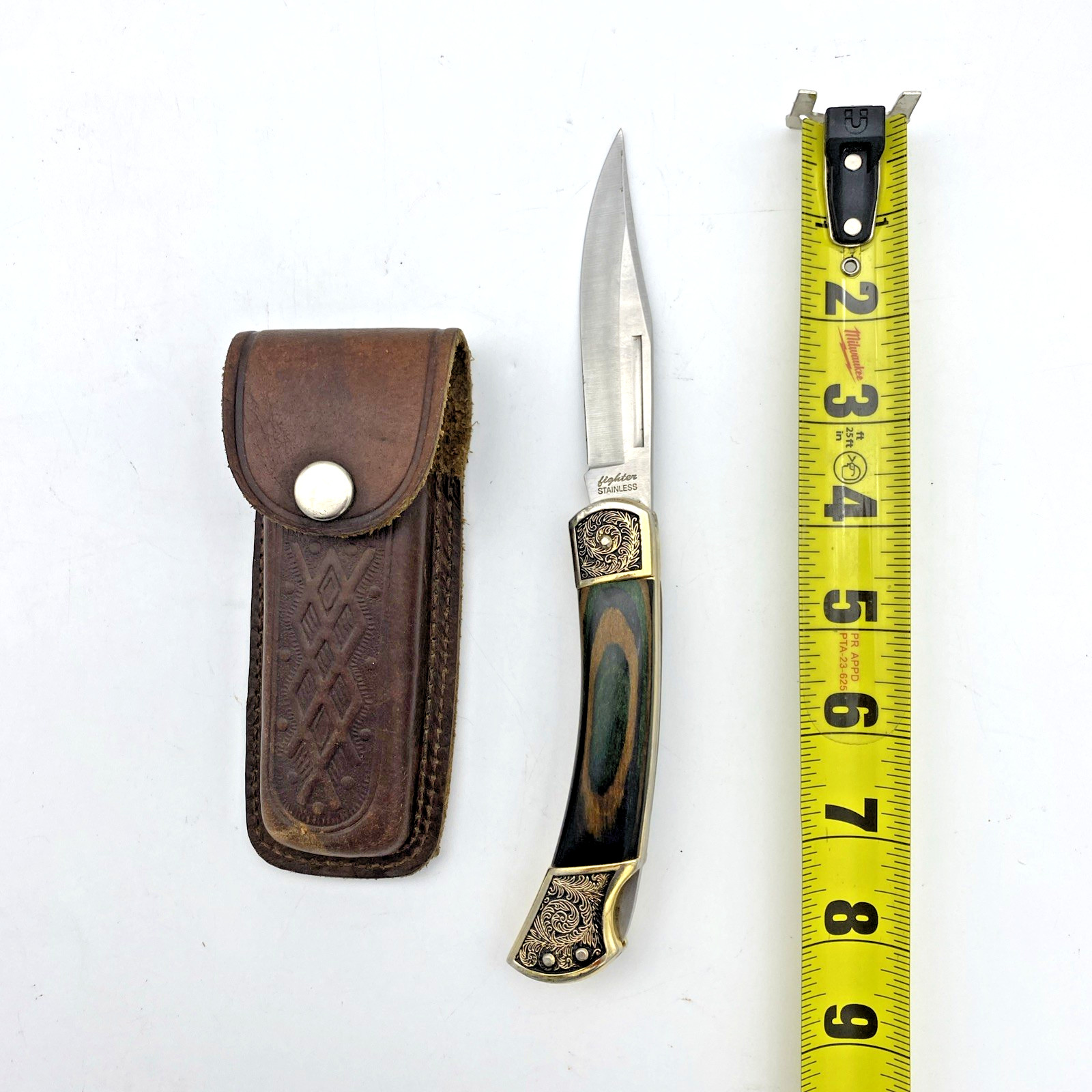 Fighter Folding Pocket Knife 4 Inch Blade Stainless Steel Blade w/ Sheath VTG