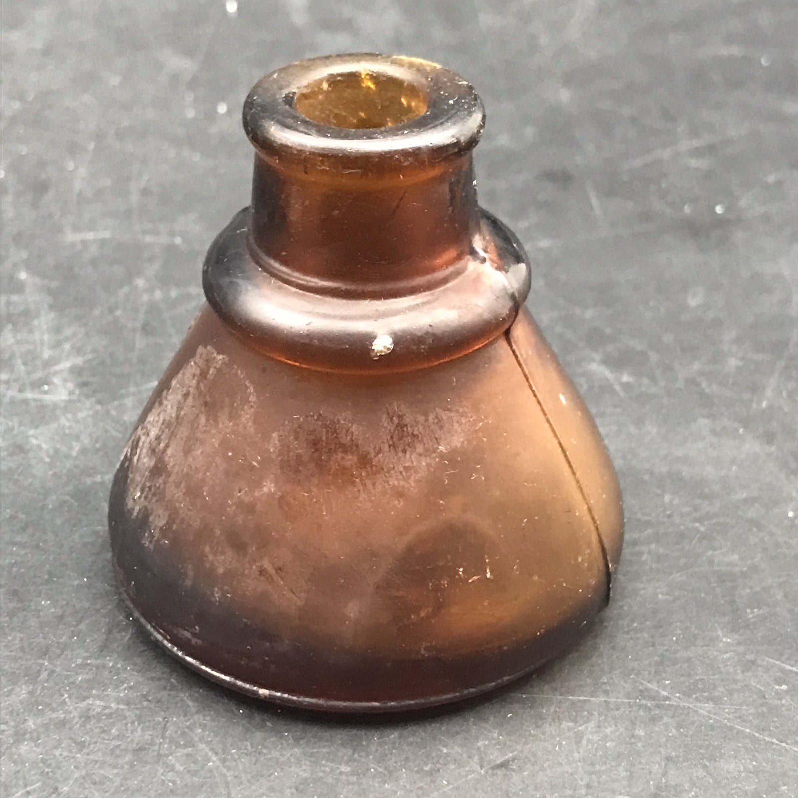 Antique Brown Cone Shaped Inkwell Pressed Glass Bottle 2 1/2" Tall