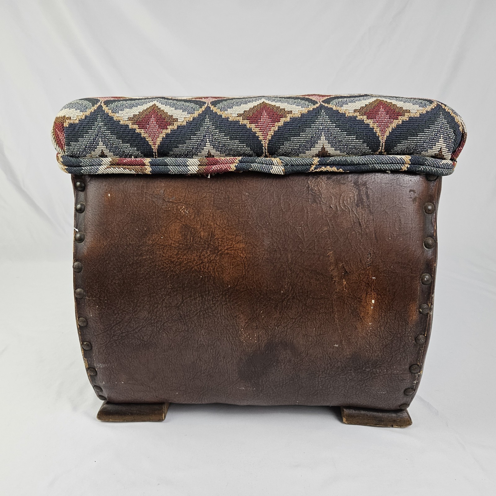 Chinoisiere Footstool Ottoman Leather Upholstered Vintage Chinese Chippendale