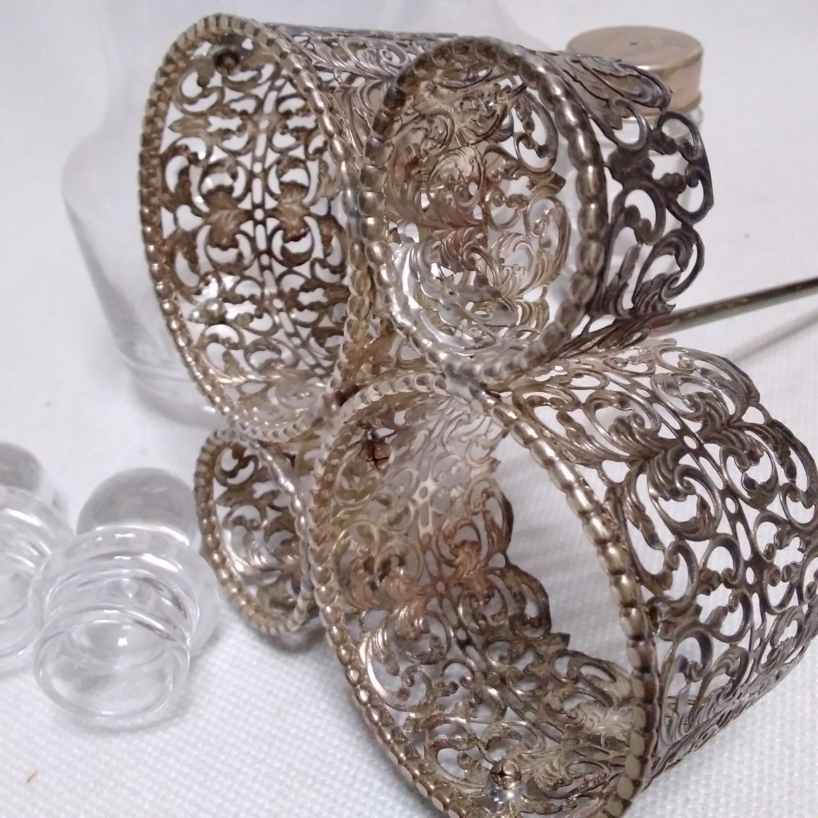 Italian 925 Cutout Sterling Silver and Fine Crystal Vessels Condiment Caddy