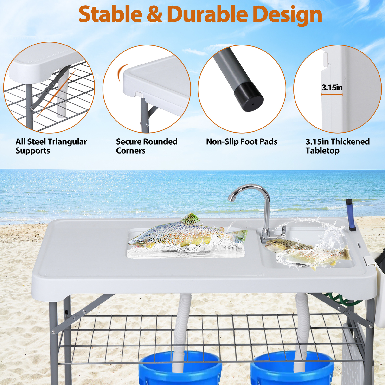 Fish Cleaning Table with Sink 42.6" Width Portable Folding Camping Table Patio