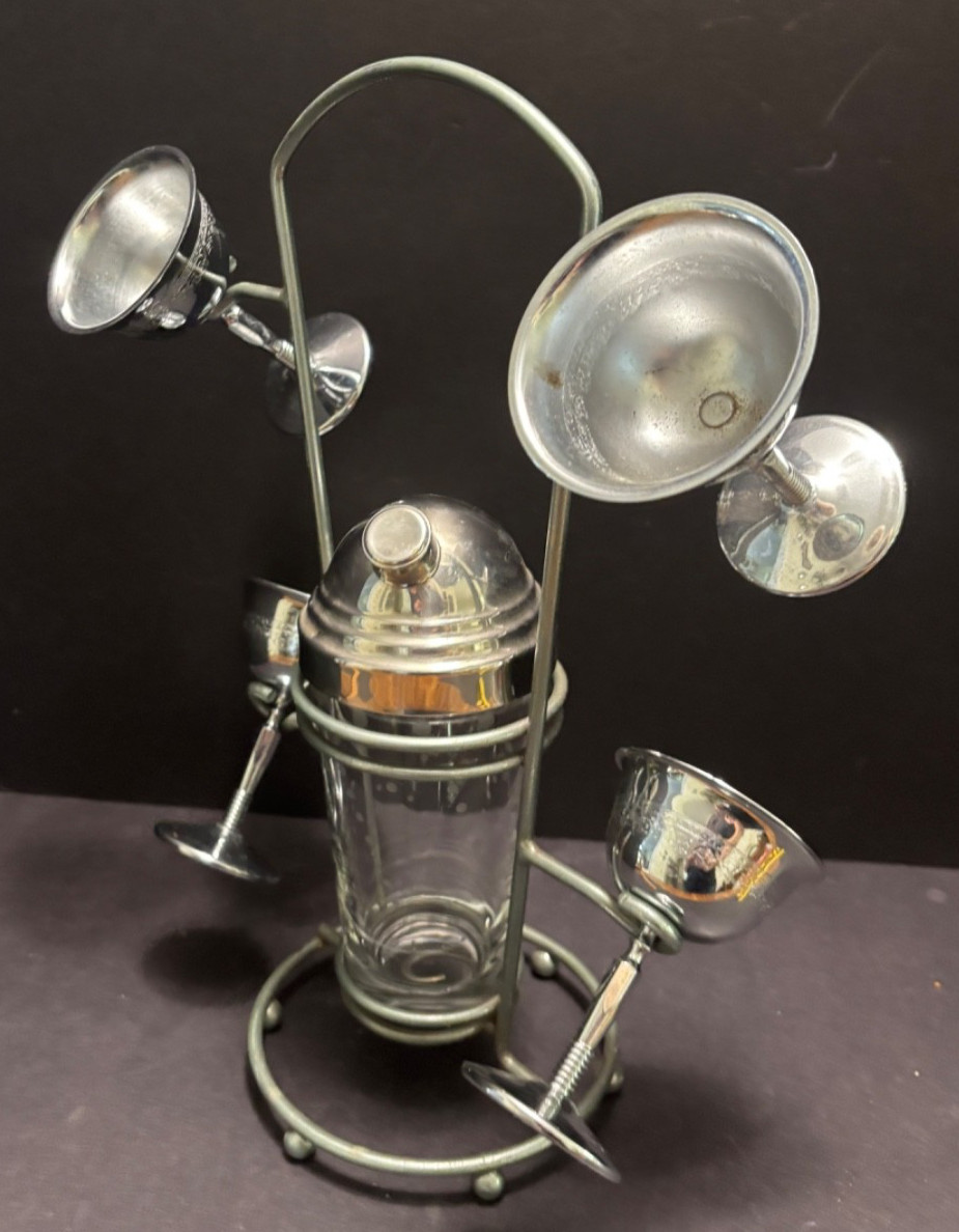 Retro CHROME MARTINI Set 4 Glasses Libbey COCKTAIL Shaker Stand/Carrier MCM Vint