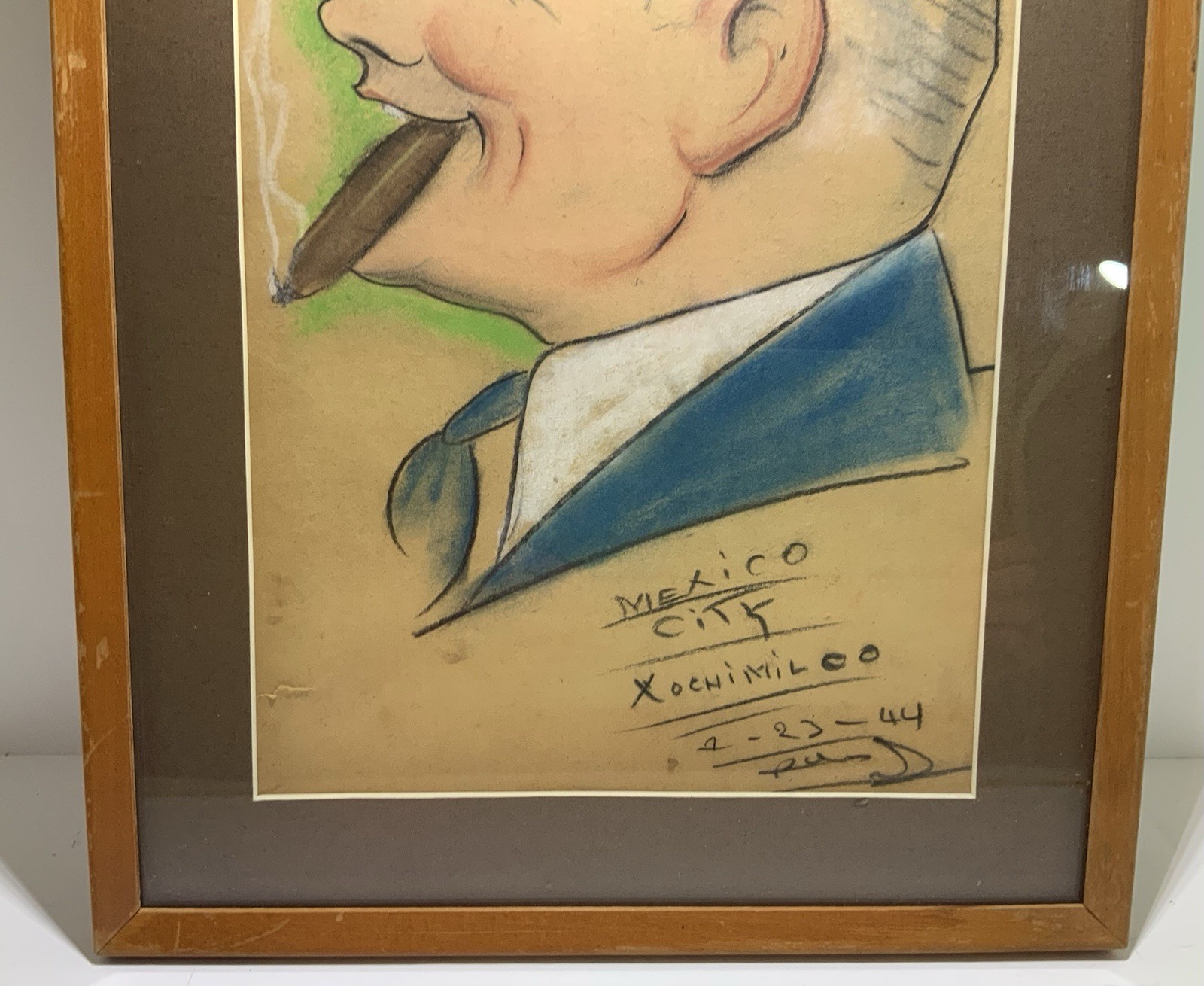 Vintage Mexico City Caricature Man With Cigar Xochimilco 1944 Rare Signed Art