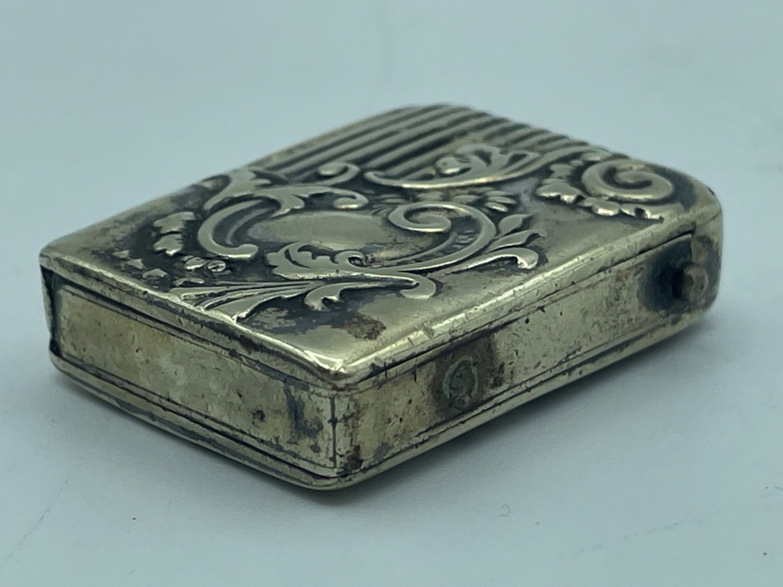 Antique Small Match Safe Vesta case silver plate Victorian ornate flip-open box