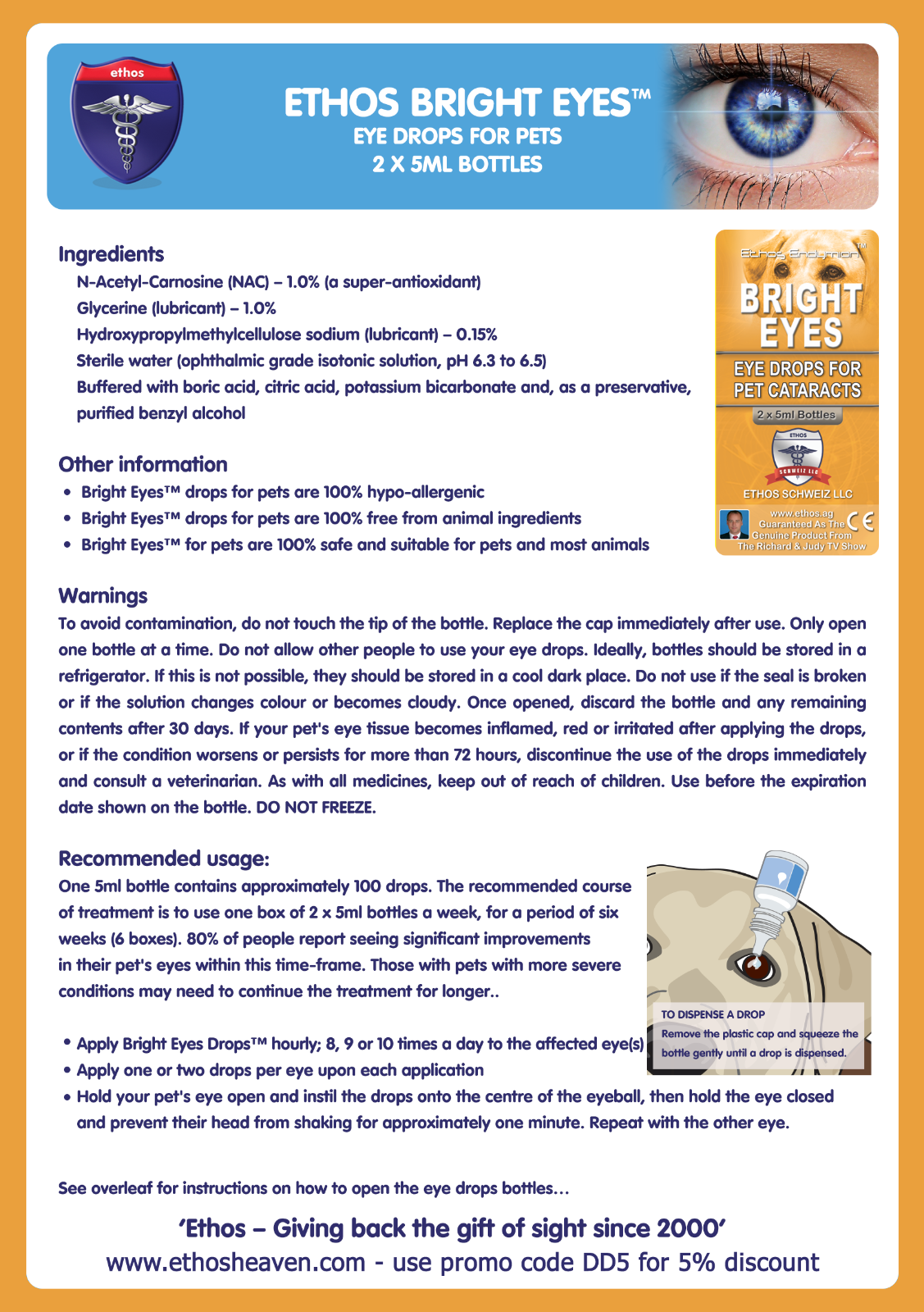 Dog Eye Drops for Cataracts Ethos Pets Bright Eyes 1 x Box 10ml FREE POSTAGE