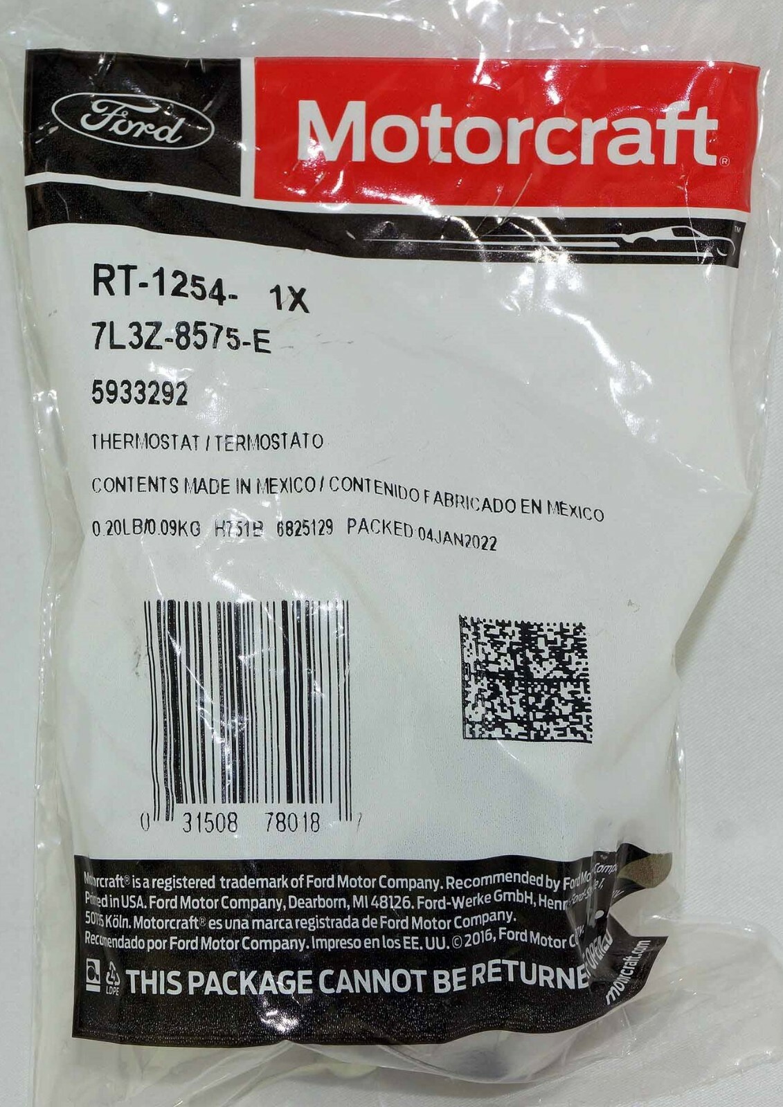 Genuine OEM Motorcraft RT1254 Engine Coolant Thermostat Ford 7L3Z8575E 92-2011