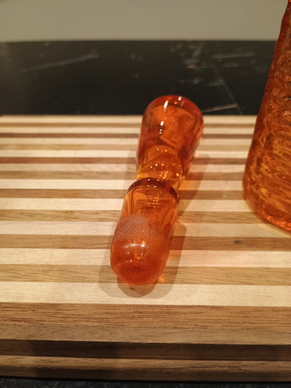 Vintage MCM 11" Rainbow Ribbed Glass Tangerine Orange Decanter With Stopper