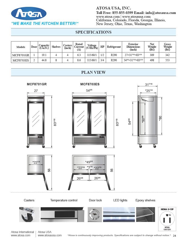 Atosa MCF8701GR, Bottom Mount 1 GLASS Door FREEZER