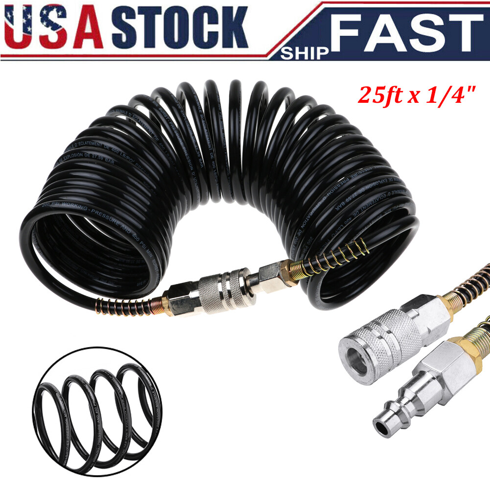 Heavy Duty Recoil Air Hose 25ft 1/4" Flexible Compressor Quick Coupler 200PSI~