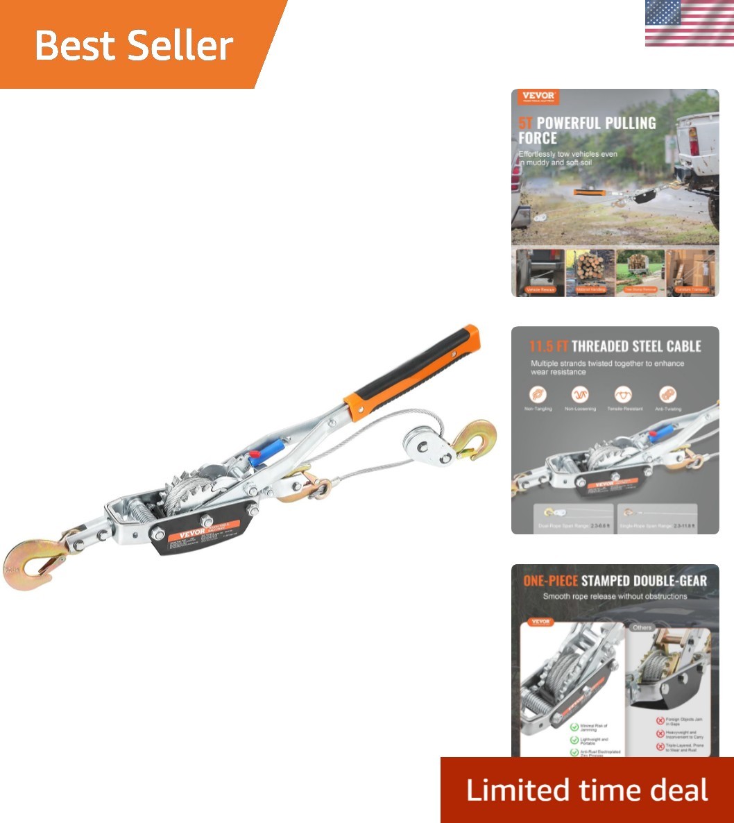 Come Along Winch, 11,023 lbs Pulling Capacity, 11.5 ft Steel Cable, 3 Hooks, ...