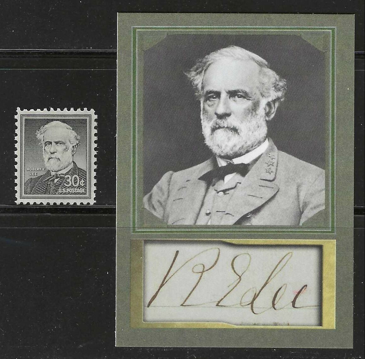 ROBERT E LEE - CONFEDERATE GENERAL - TRADING CARD + 1957 U.S. POSTAGE STAMP