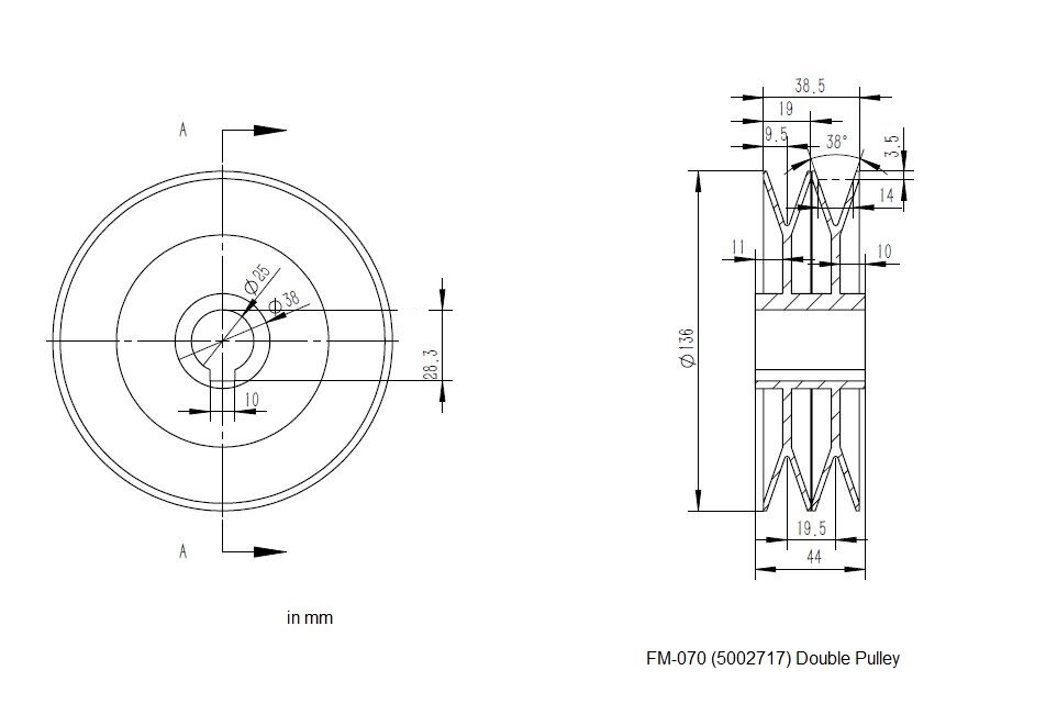 Caroni Finish Mower TC590N, TC710N 135mm Double belt Pulley w/ 25mm bore