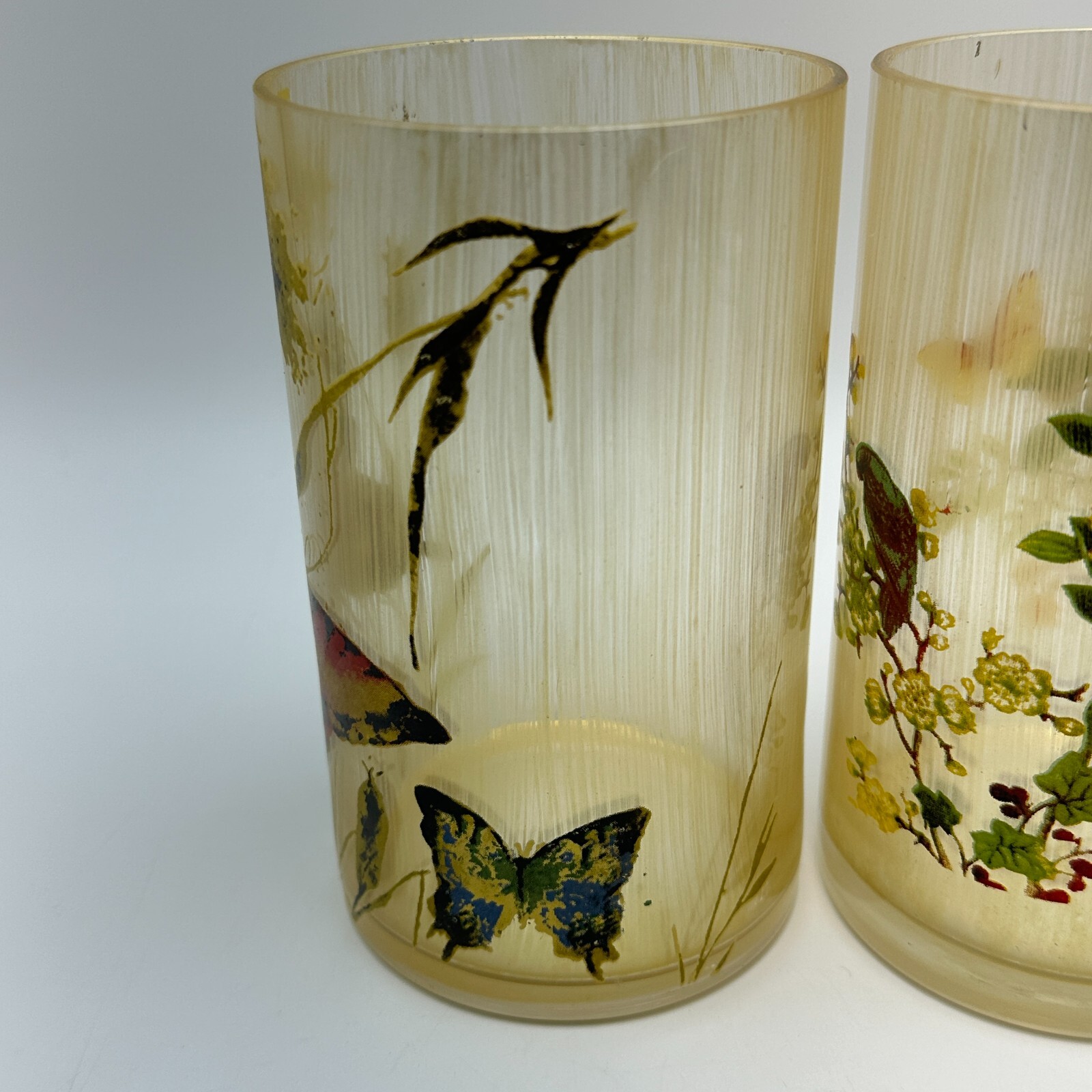 MCM Drinking Glasses Set Butterfly Floral Art Painted 6in Tall Vintage Decor