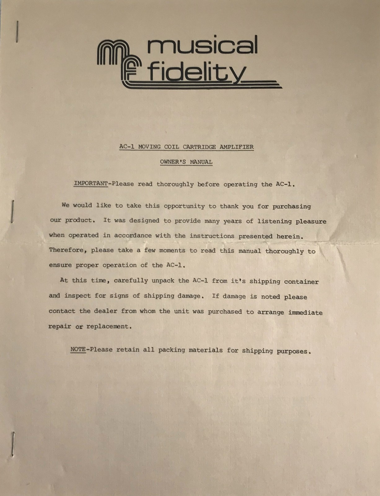 VINTAGE Early 1980's Musical Fidelity AC-1 Moving Coil Cartridge Head Amplifier