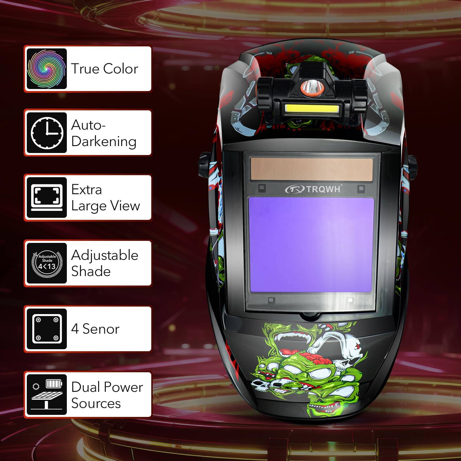 Auto Darkening Welding Helmet, True Color Large View, 4 Arc Sensor, LED Light