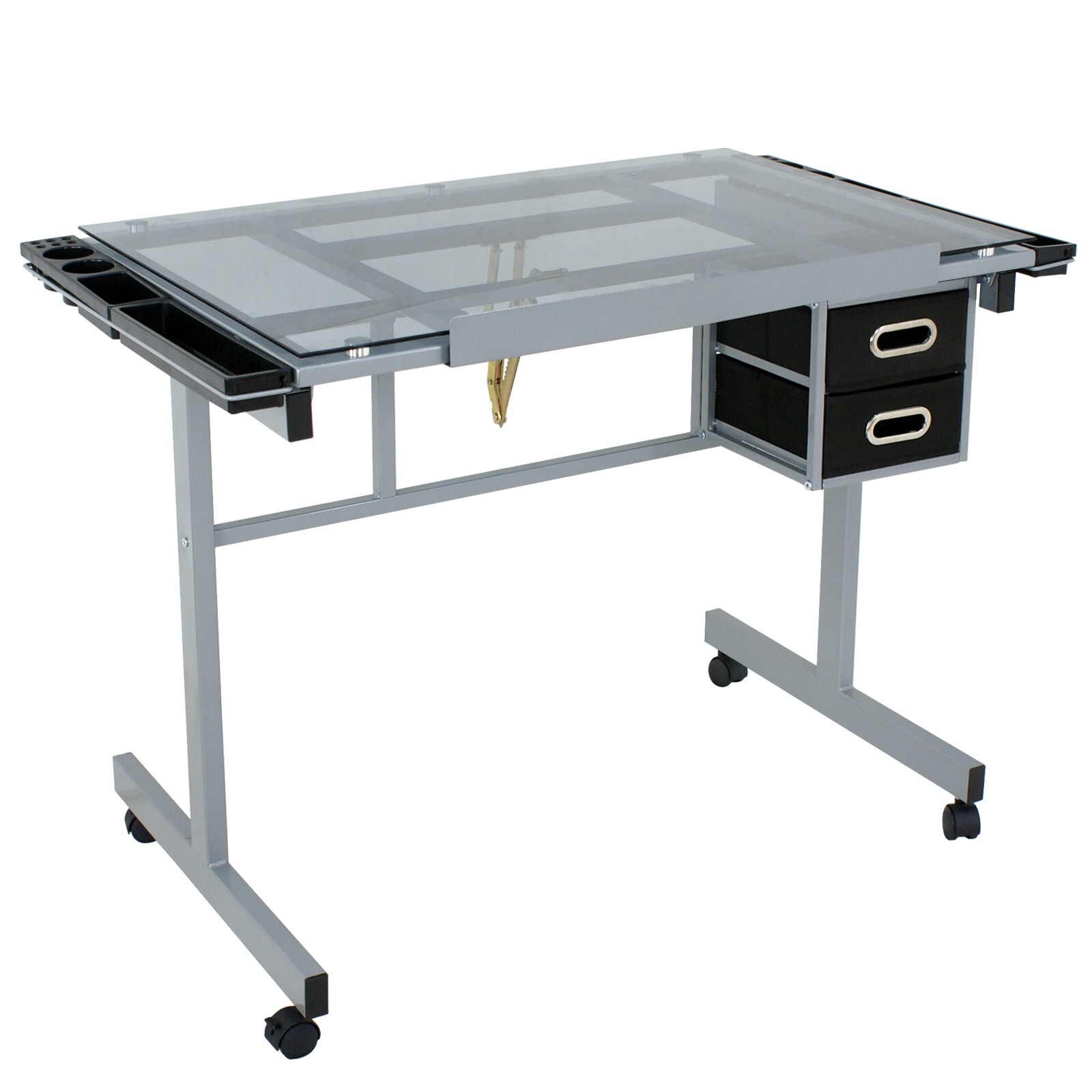 Drafting Table on Wheels Adjustable Glass Tabletop Drawing Desk w/Storage Drawer