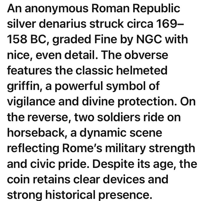 Roman Republic Silver Denarius 169BC-158BC NGC Graded Fine Griffin Nice Details