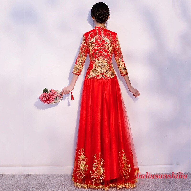 Chinese Traditional Bride Wedding Dress Set Women Red Embroidery Tops and Skirt