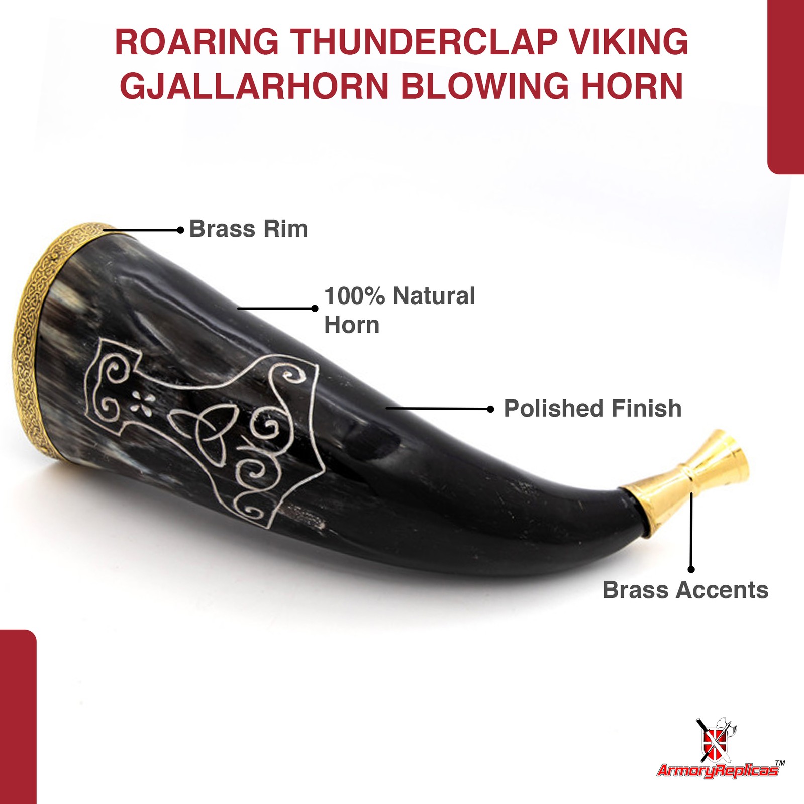 Medieval Viking Mjolnir Blowing Horn with Brass Rim - 9-12" Authentic Horn