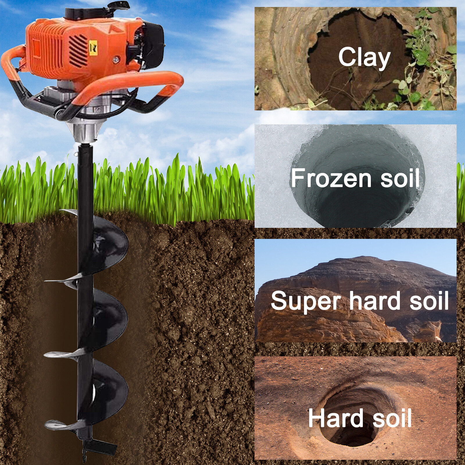62CC 2-Cycle Gas Earth Auger | 4"6"8"12" Drill Bits & 3 Extension Rods