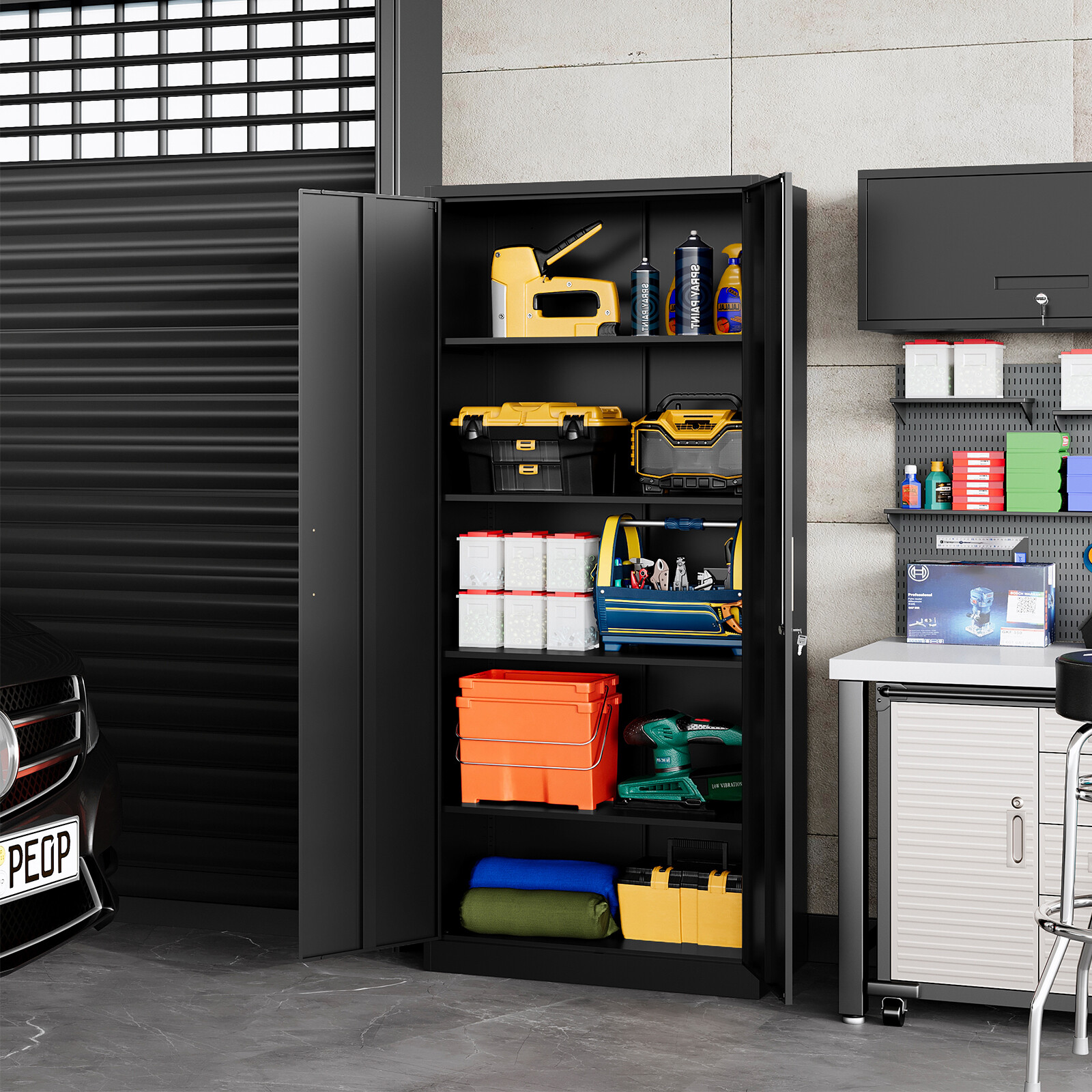71" Garage Storage with 2 Doors 4 Adjustable Shelves Office Tool Cabinet Locking