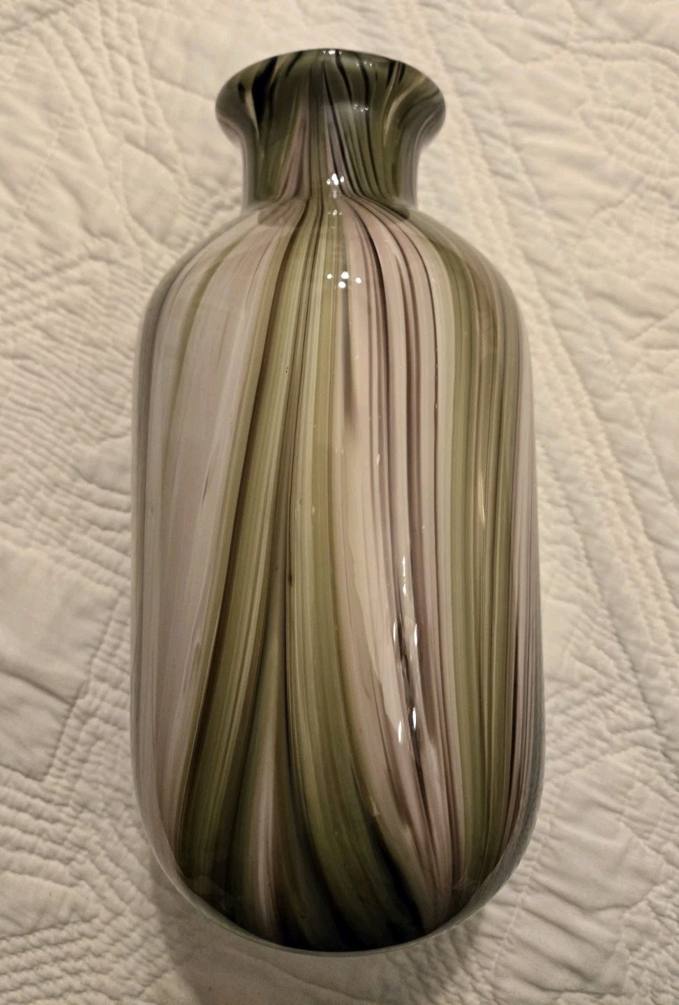Vintage Heavy Murano Glass Vase Stripes Swirls 12" Hand Blown Green Purple 60s ?
