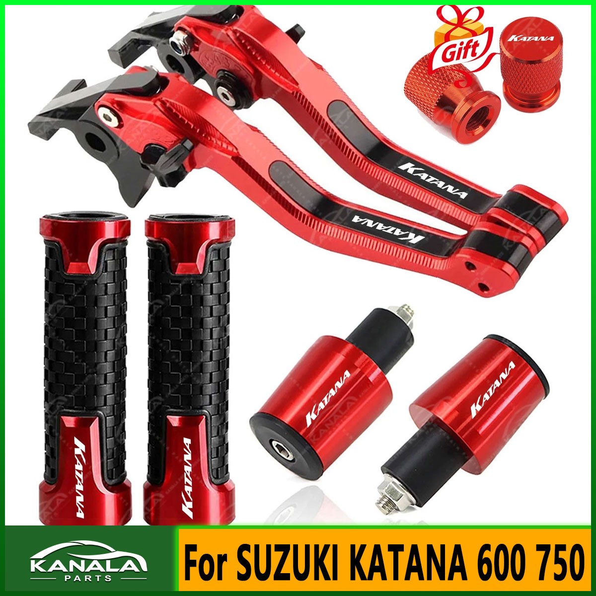 Red 3D CNC Brake Clutch Levers Handle Grips Cap Set For SUZUKI KATANA 600 750