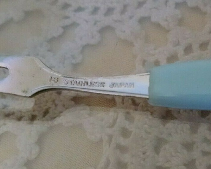 TEXAS COCKTAIL FORKS SET 6 VINTAGE JAPAN STAINLESS STEEL PLASTIC HANDLE ORG BOX.