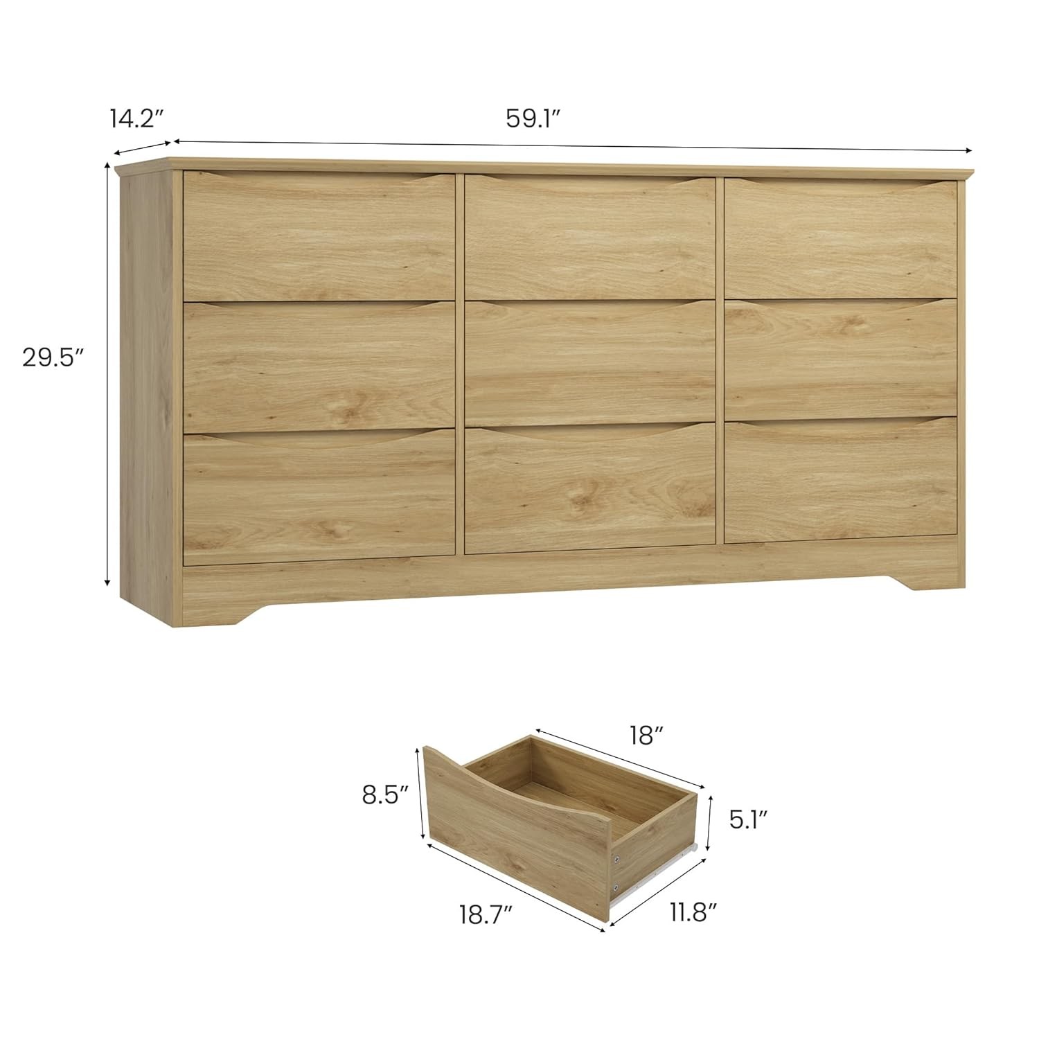 Wooden Dresser with 9 Drawers, Large Chest Storage Dresser for Bedroom