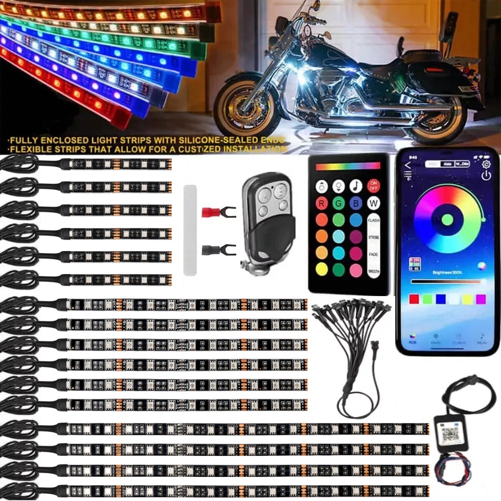 16PC RGB Bluetooth Motorcycle LED Light Under Glow Neon Strip Remote Control Kit