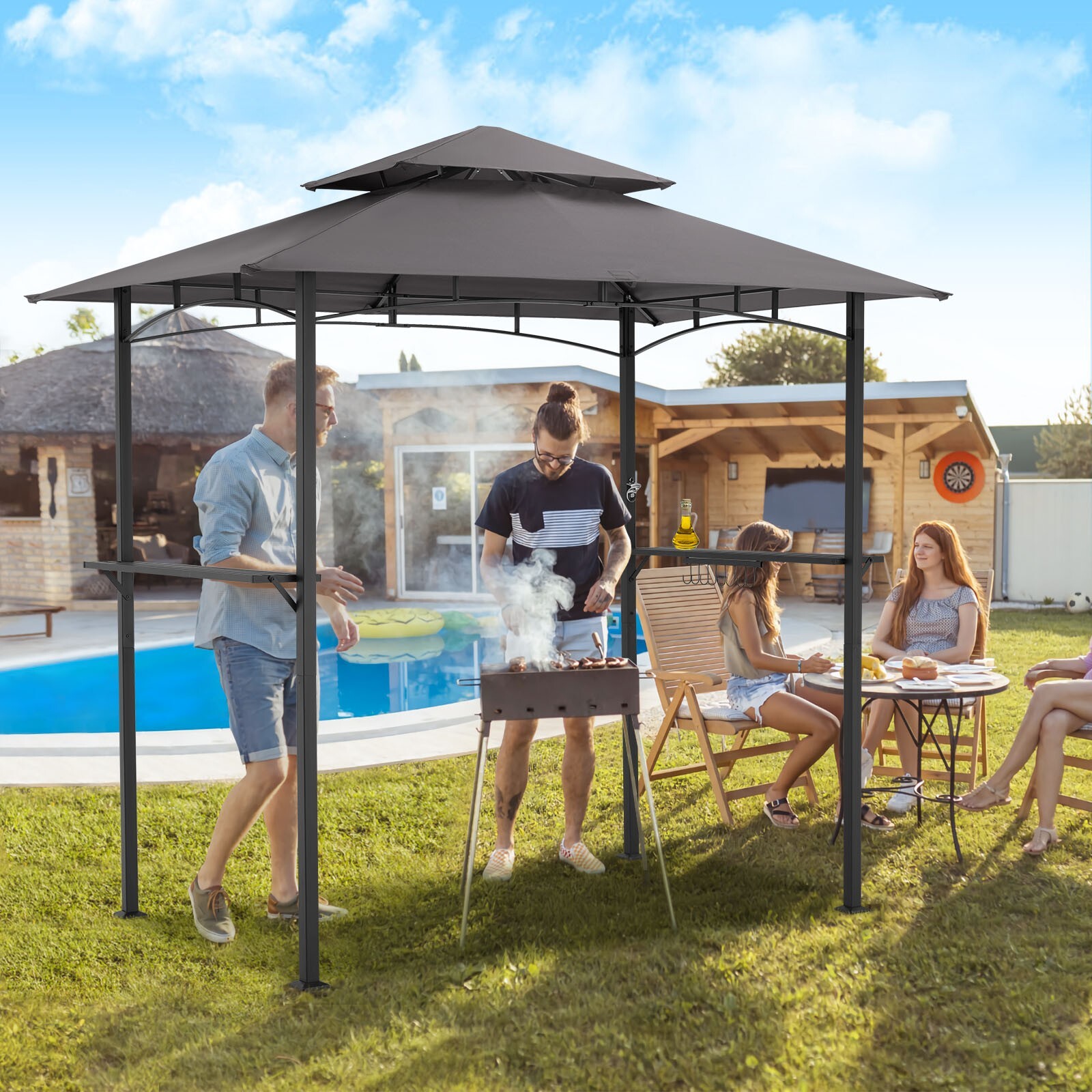 8'x 5' Outdoor Grill Gazebo Barbecue Canopy BBQ Grill Tent w/ Hard Top Gray