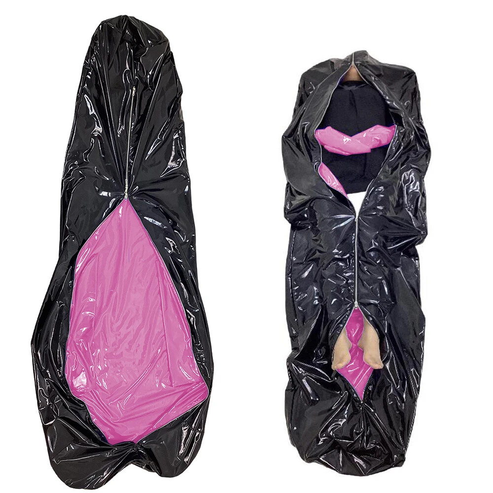 Glossy PVC Leather Catsuits Zip-up Sleeping Bag Bodysuit Sack with Gloves