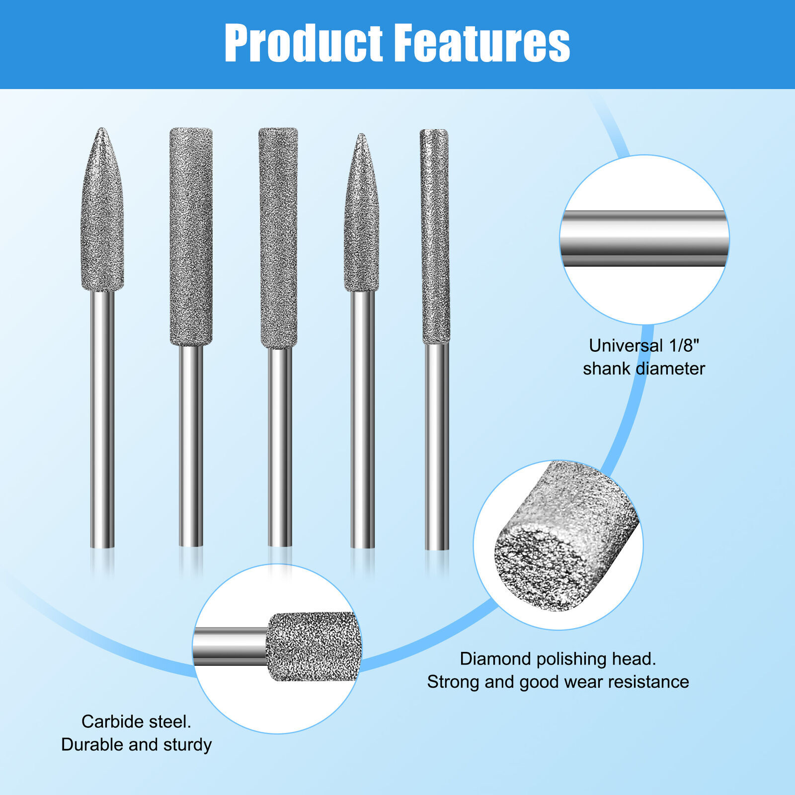 11Pcs Diamond Burr Stone Carving Grinding Bits 1/8" Shank for Dremel Rotary Tool