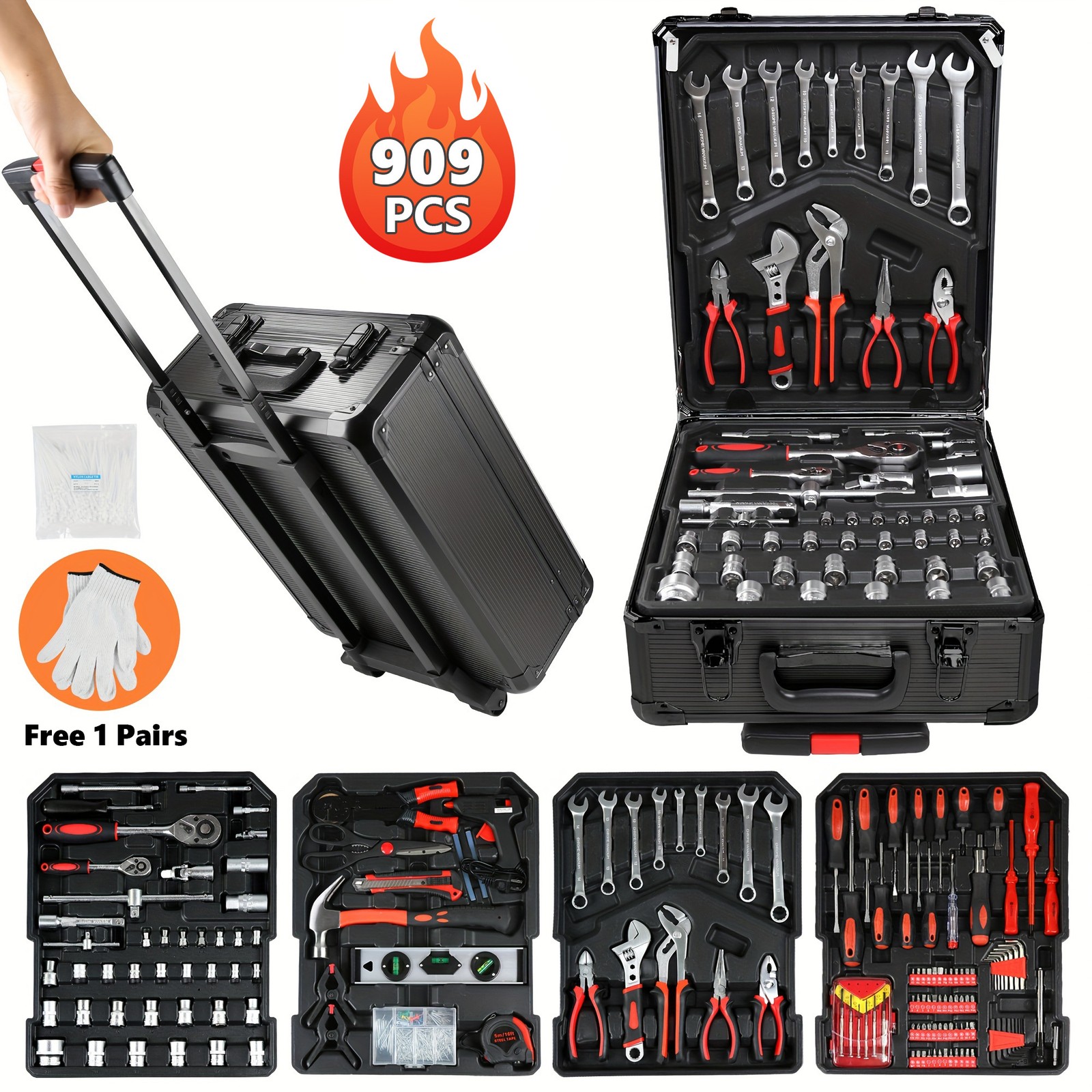 Tool Set Mechanics Tool Kit 909 PCS Wrenches Socket with Trolley Case Box Silver