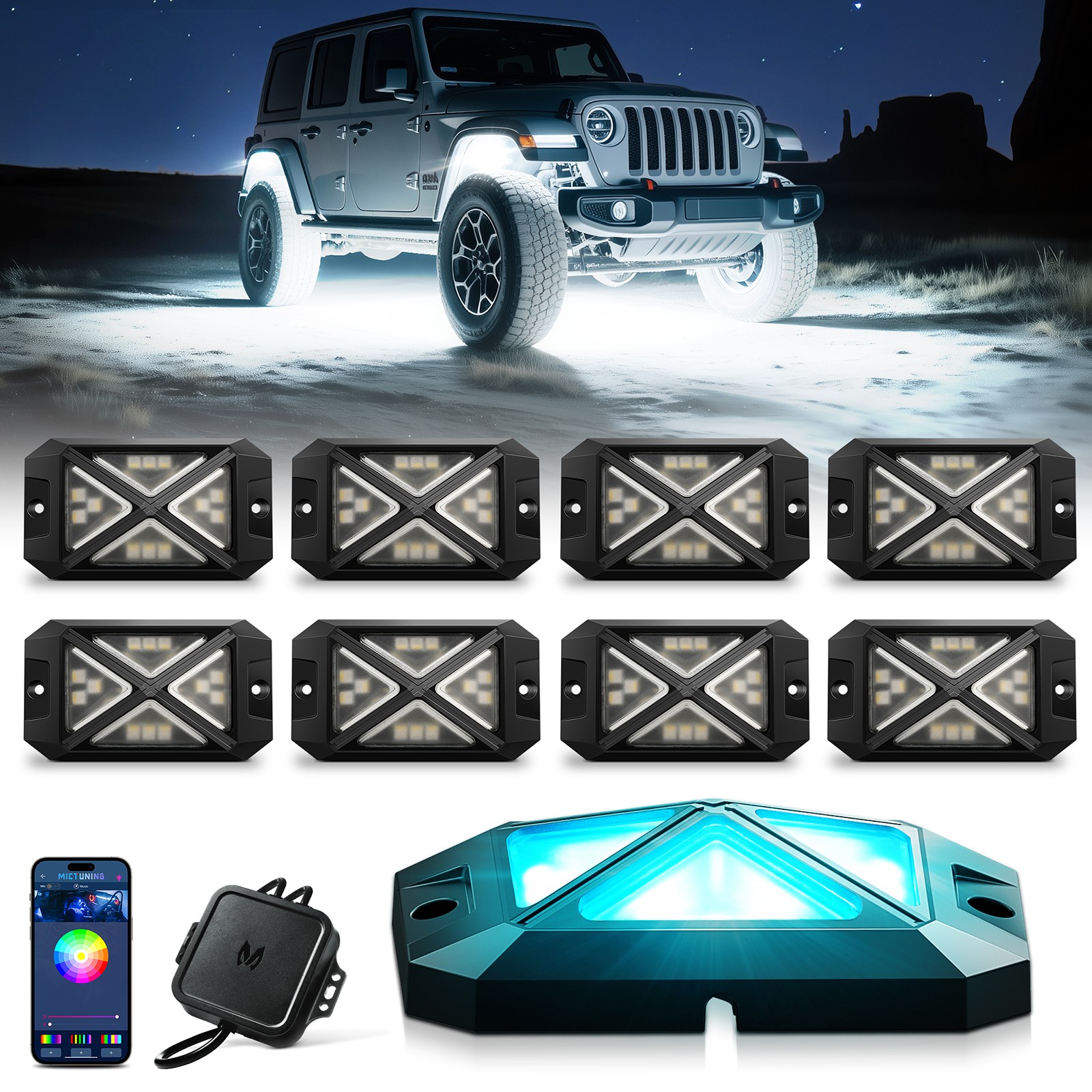 MICTUNING 48W C4 8 Pods RGBW LED Rock Lights, Underglow Neon Accent Lighting Kit