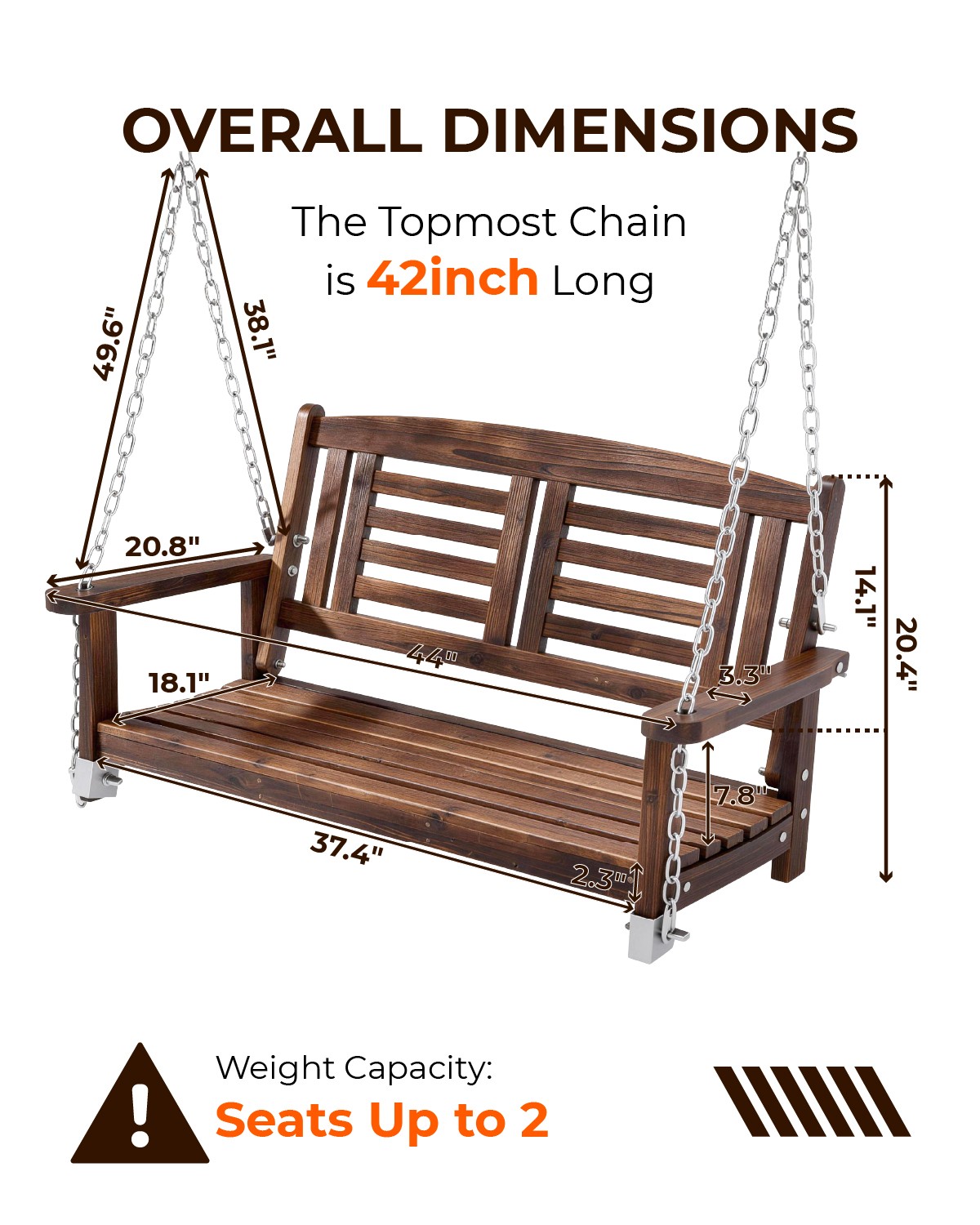 Wooden Porch Swing Chair 4FT with Hanging Chains Heavy Duty for Outdoor Patio