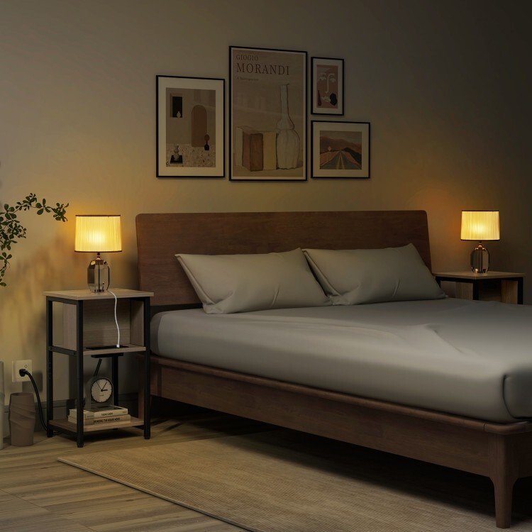 3Tier Side Table Modern Nightstand End Table Storage w/USB Ports & Power Outlets