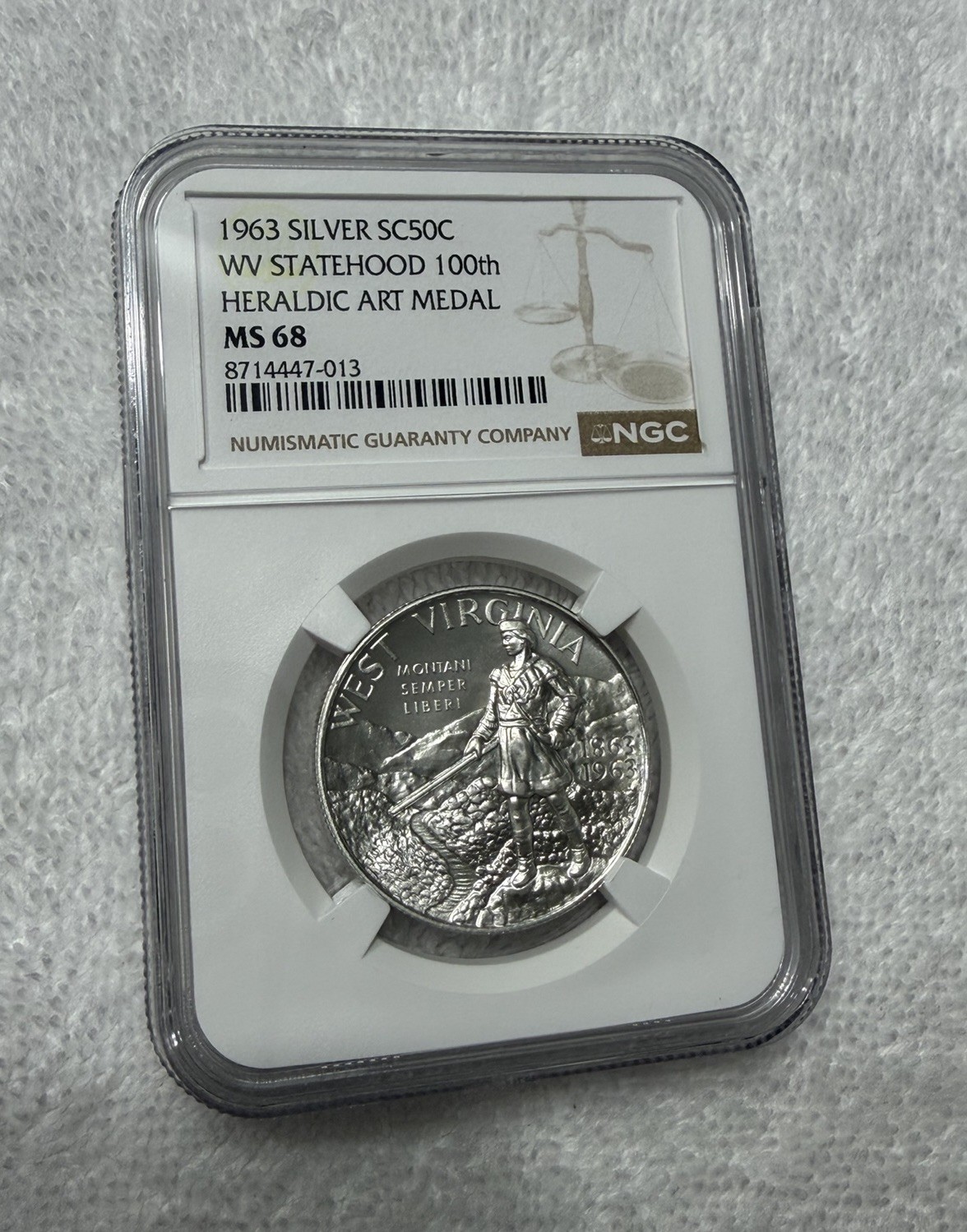 1963 West Virginia Statehood 100th SC50C Silver Heraldic Art NGC MS 68 Medal
