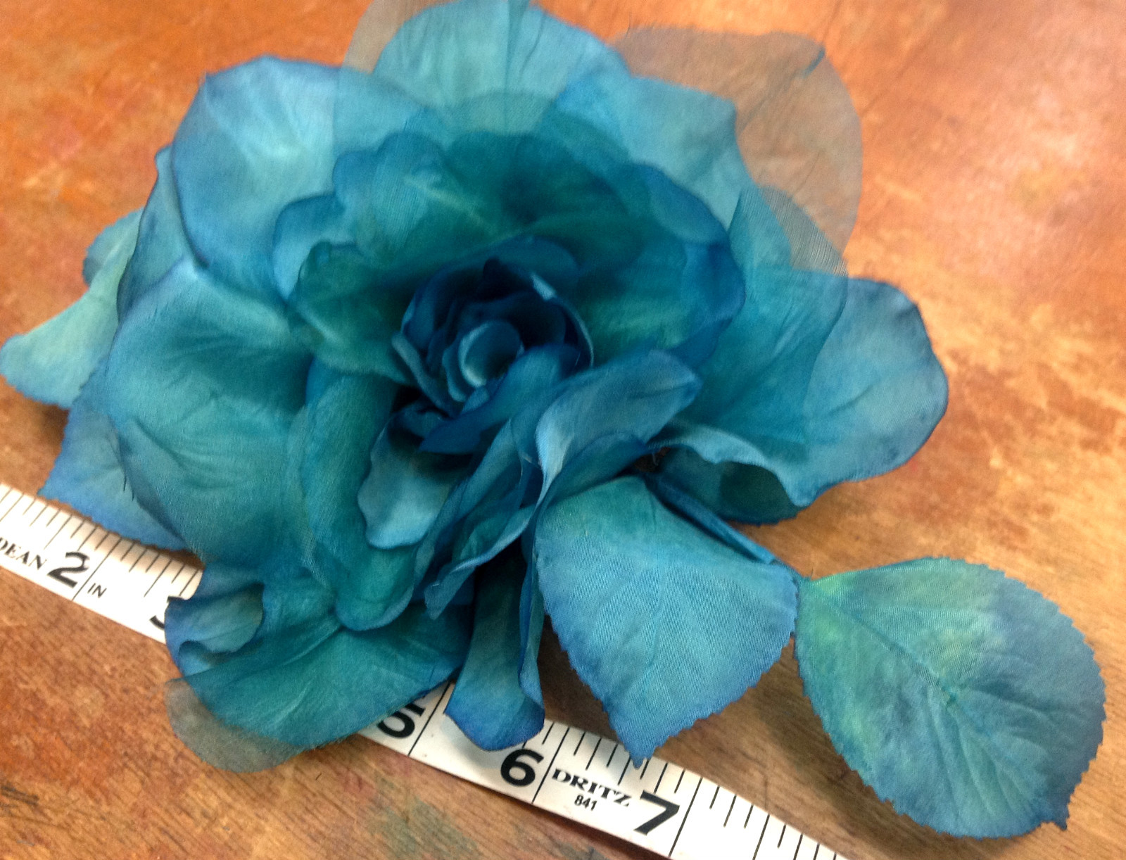 vintage silk 1950 turquoise 7" rose flower 1pc made in Czechoslovakia