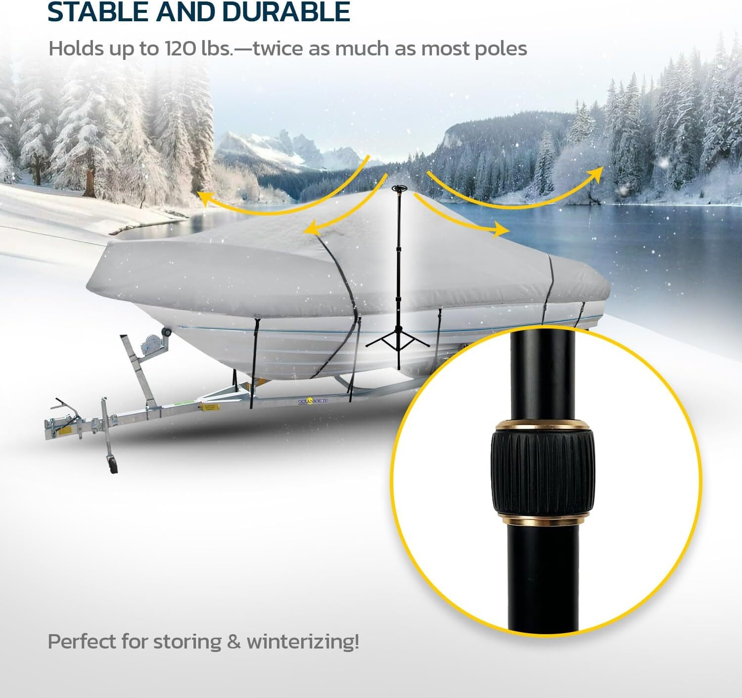 Boat Cover Support Pole & Straps Adjustable Height from 29" to 56" Tripod Base