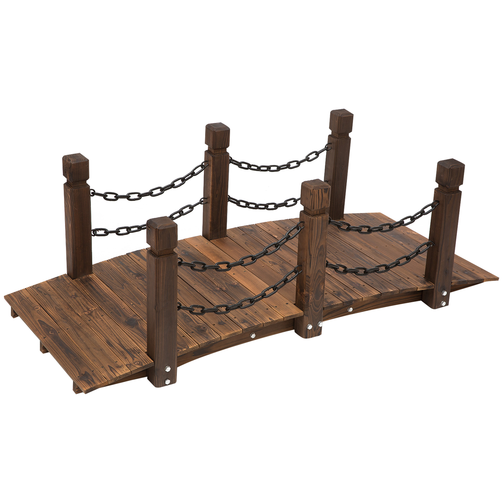 Wooden Garden Bridge Arc Stained Finish Walkway with Metal Chain Railings
