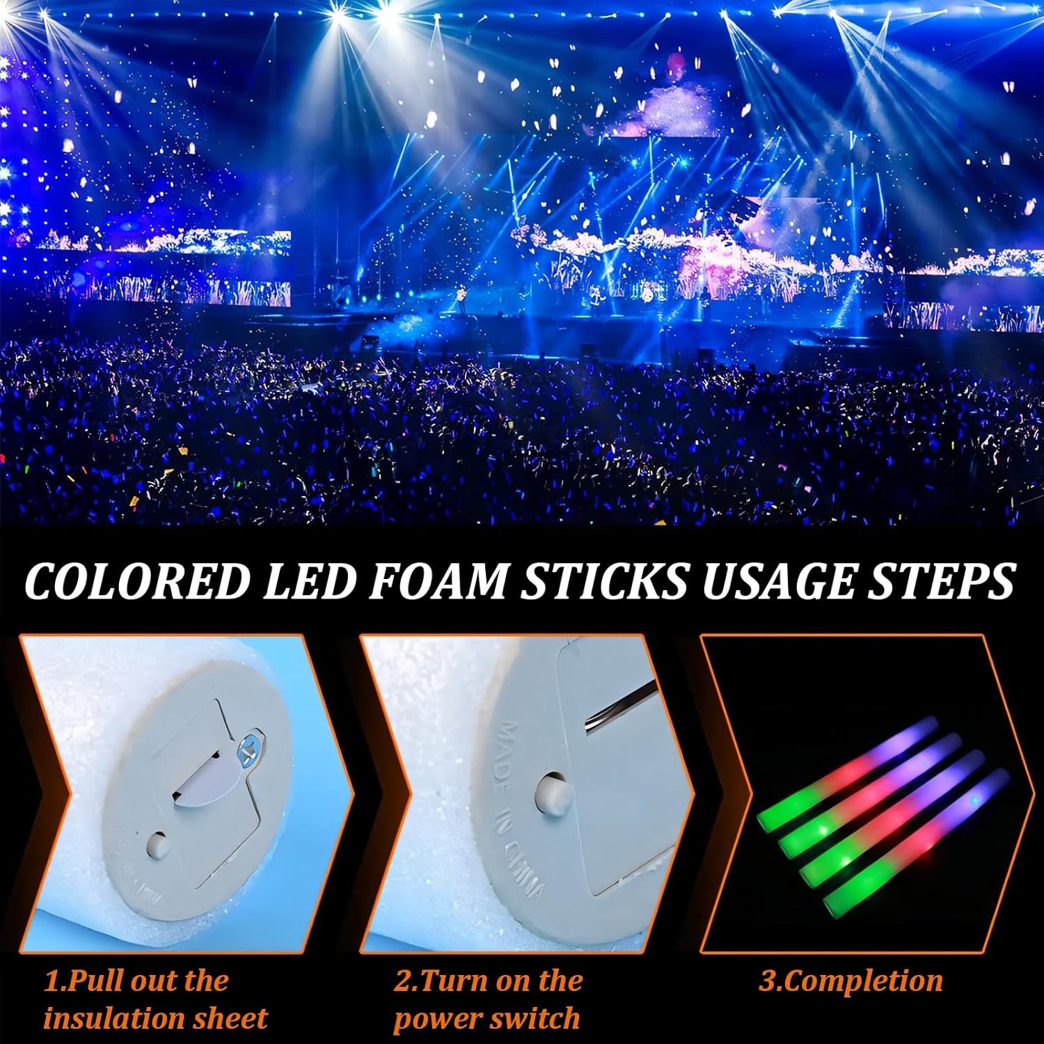 100PCS LED Foam Sticks Light Up Wands Rally Flashing Glow Party Rave