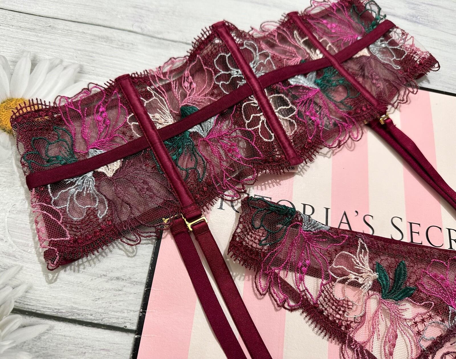 Victoria's Secret LUXE LINGERIE 2 Piece Set Unlined Panty + Garter Burgundy