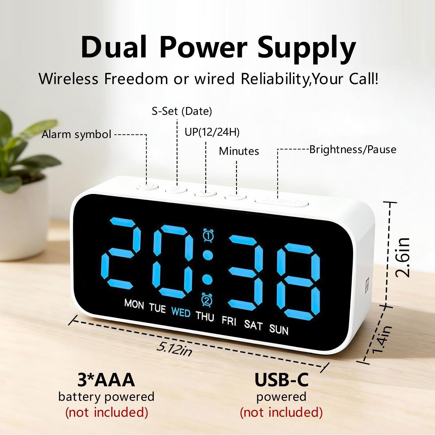 Electric Digital Alarm Clock LED Large Display Battery Backup Snooze Dual Alarm
