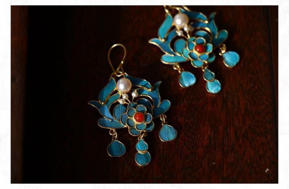 Chinese Antique Earrings Cloisonne Earrings Long Tassels Gilt Pearls Jewels