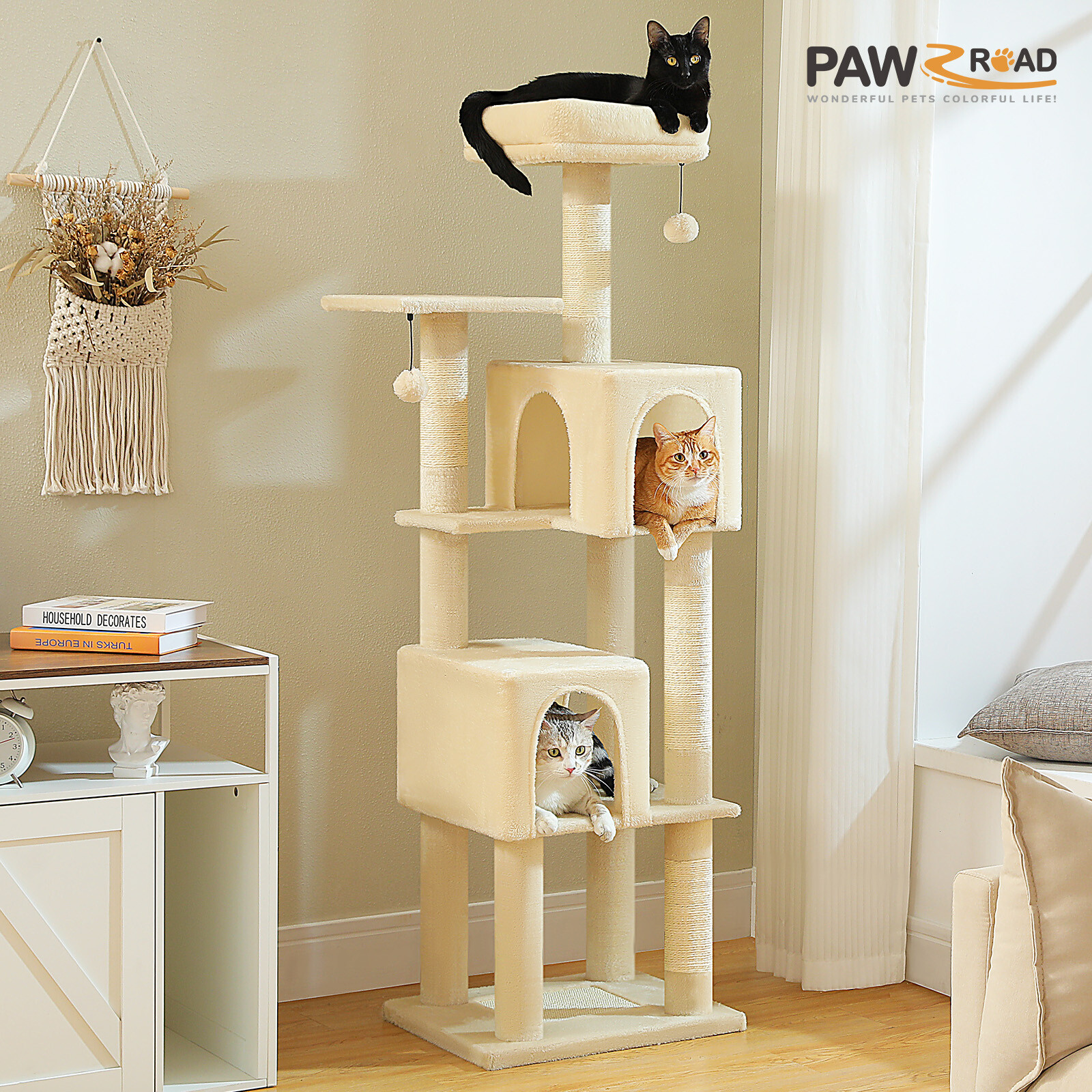 PAWZ Road Cat Tree Tower Scratching Posts with 2 Condos, 2 Perches and 2 Pompoms