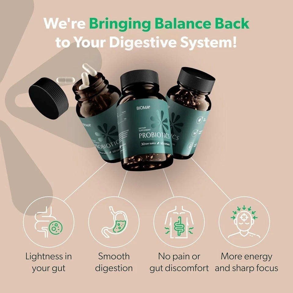 2 Pack BIOMA Probiotics Digestive Health Gut Support for Men & Women 60 Capsules