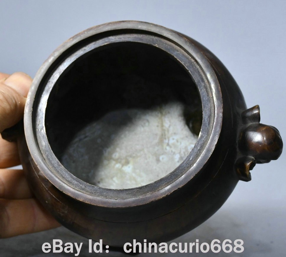 8" Marked Old China Copper Carving Dynasty Palace Elephant Ear Flower Censer